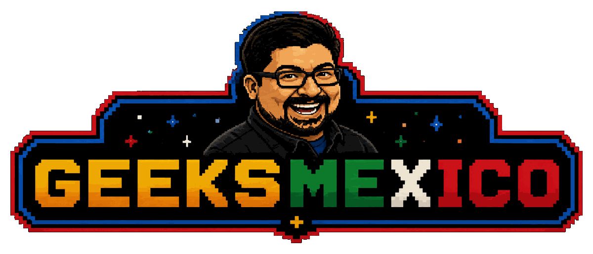 Geeks Mexico — pixel-art logo of a smiling, bespectacled gamer over a retro arcade badge